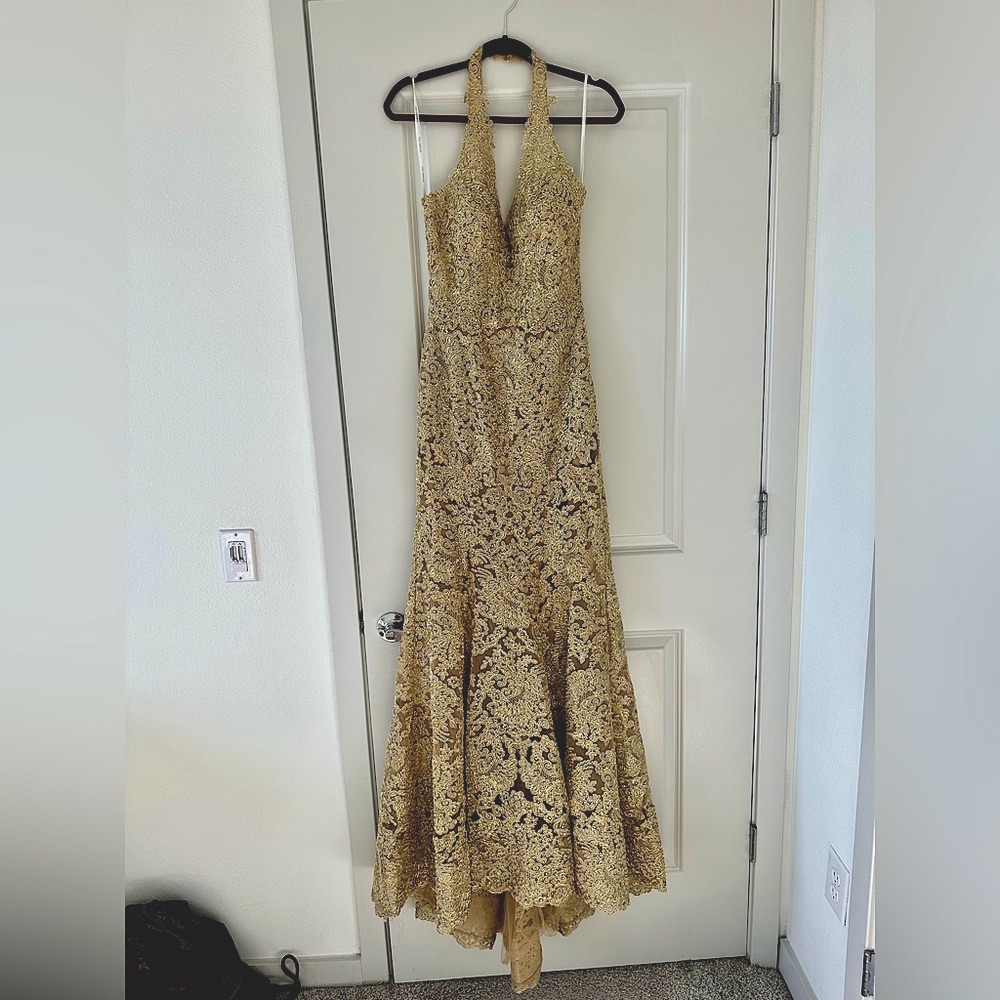 Gold Lace Halter Sherri Hill Dress 51616, Fall 2018 Collection